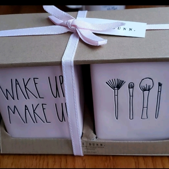 Rae Dunn Other - Retired Rae Dunn Blush Pink "WAKE UP MAKE UP" Brush Holder Set. Collectible &HTF